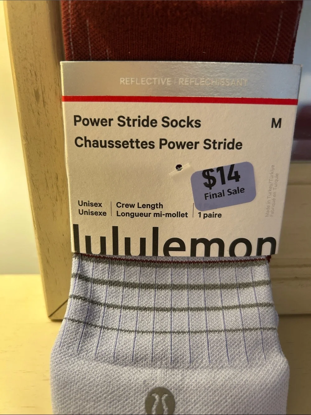 lululemon Power Stride Crew Socks - Light Purple maroon 2 pair reflective